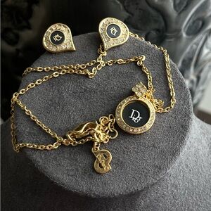 Vintage Christian Dior Classic Logo Rhinestone Black Gold Earrings Necklace Set